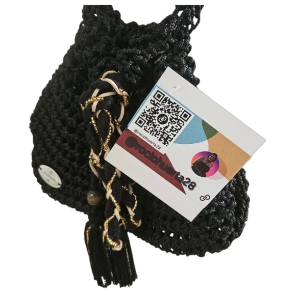 Hand Crafted Crochet Bucket Bag Tassel Beaded Drawstring Crossbody Purse Black - Picture 13 of 17